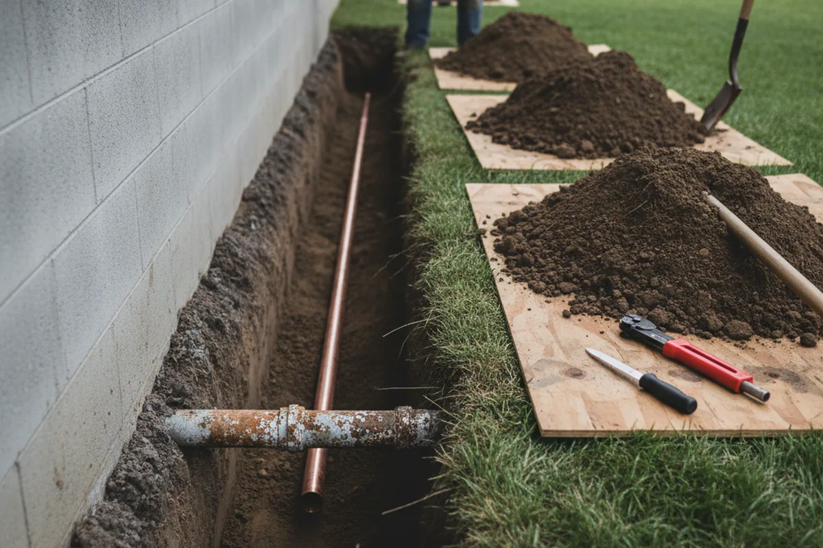 Excavated water line trench during Water Heater Repair in Stanville